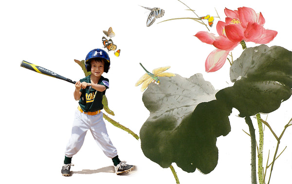 Cody swinging a baseball bat with a lotus in the background and butterflies flittering around his helmet.