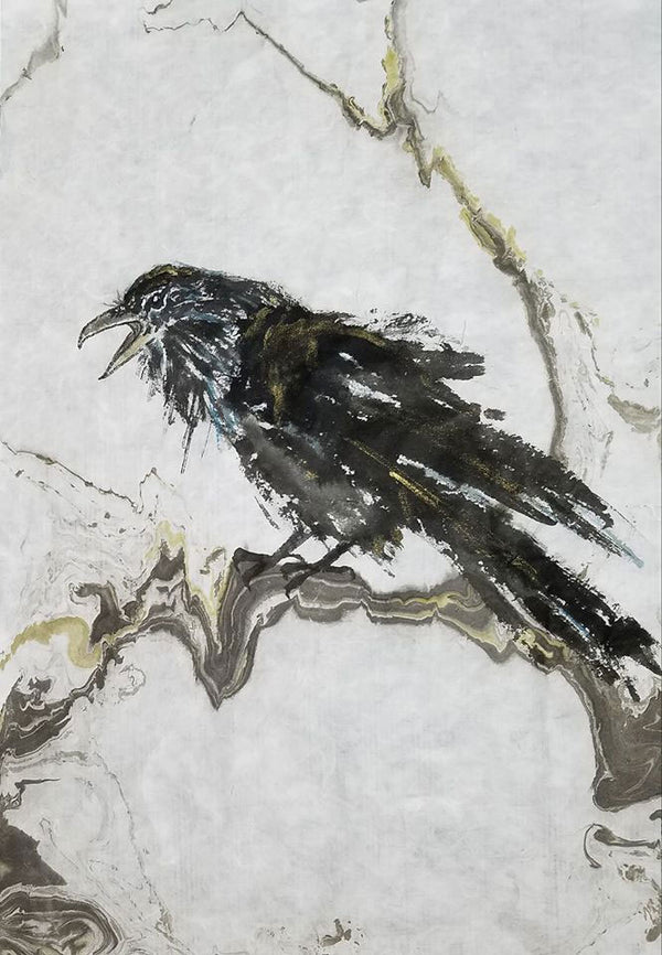 Crow on Suminagashi by Peggy Kimiecik