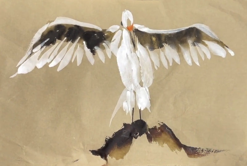 Snowy Egret on Khaki Shuen Paper